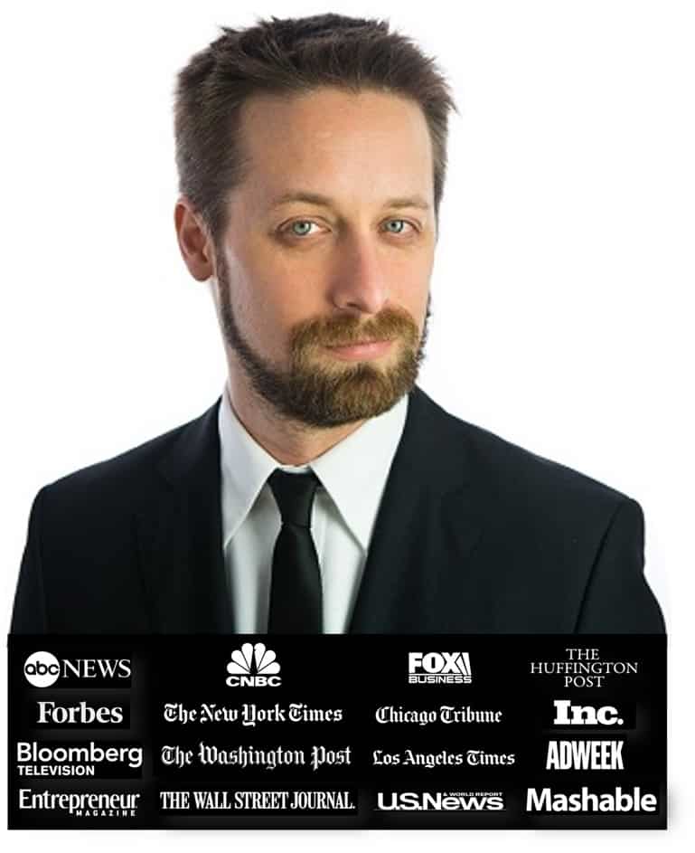 Brian Carter headshot with media logos